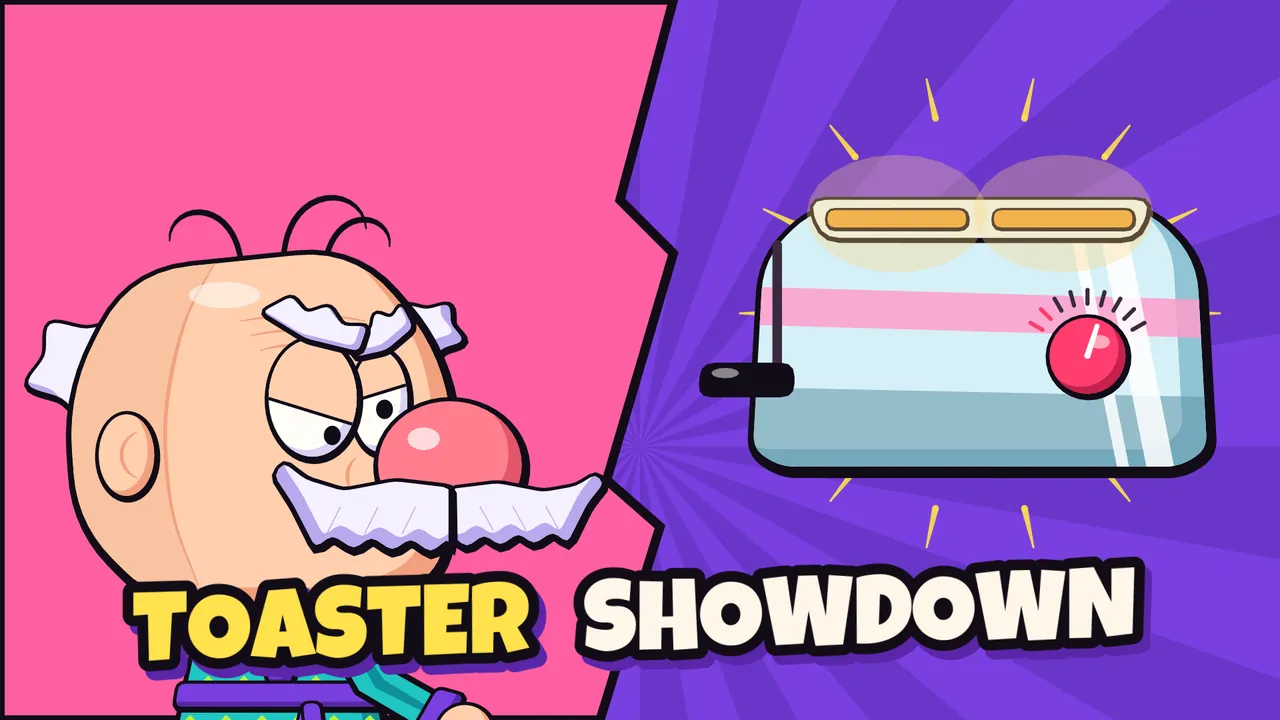 Toaster Showdown: a grumpy grandpa stares down a cartoon toaster in a pink 2000s-style kitchen
