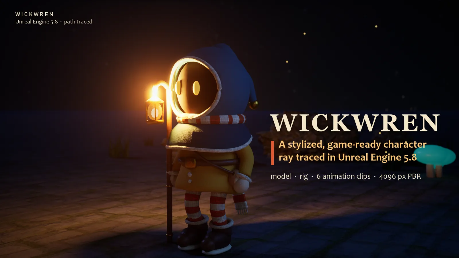 Wickwren, a stylized hooded character holding a glowing lantern at night, rendered in Unreal Engine 5